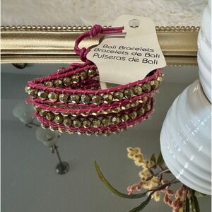 Bali Pink Leather Wrap Bracelet Gold Beads Boho Adjustable Handmade
